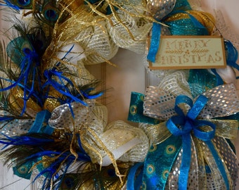 Turquoise, Ivory and Gold Peacock Christmas Wreath; Winter Door Decor Wreath; Holiday Door Decor Wreath; Handmade Christmas Holiday Wreath