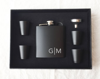 Personalized Flask Set - Groomsmen Gift - Boxed Flask Set - Monogram Flask Set - Best Man Gift - Wedding Gift - Bachelor Gift - Black Flask