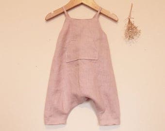 Handmade baby romper. Light pink washed linen romper. Girls romper. Toddler romper. Baby romper. Summer romper. Dungarees. Overalls.