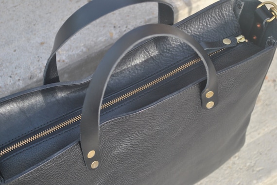 Black Leather Tote Bag with YKK Zipper Italian Leather Tote