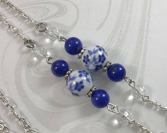 Blue Forget-Me-Not Eyeglass Chain, Silver Blue Beaded Glass Chain, Reading Glasses Holder, Eyeglass Necklace, Sunglasses Holder