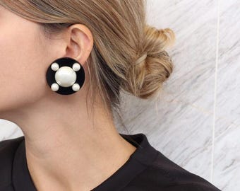 Signed 'Chanel' Classic Black and Faux Pearl Earrings c. 1980's
