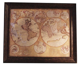 Vintage "Le Globe Terrestre" 1690 World Map Walnut/glass framed in VGC ca. 1980