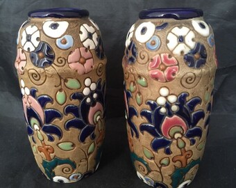 Amphora Art Pottery Vase Austria Pair Art Nouveau Arts & Crafts Movement Secessionist Era Pair Vintage Antique Home Decor Decorative Vases