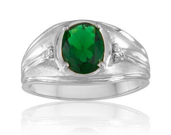 Men's Emerald Ring, Promise Ring for Men Oval Green Emerald Ring, Sterling Silver Ring, Green Gemstone Diamond Ring for Men Jewelry Gift