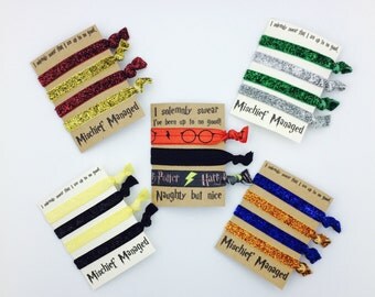 Harry Potter Inspired Hair Tie, Gryffindor, Slytherin, Ravenclaw, Huffepuff, Deathly Hallows, Mischief Managed, Elastic Hair Tie
