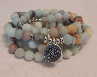 Amazonite Matt Gemstone - Mala 108 Bead Necklace or Wrap Bracelet - Lotus Flower Charm