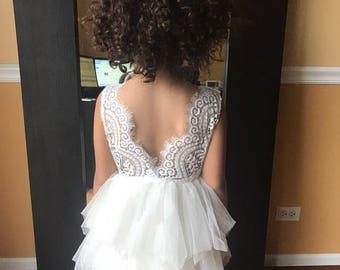 White Lace Flower Girl Dress, Ivory Tulle Wedding dress, Cream Tutu Dress, Elegant Boho Chic, Couture, Pearl Bead Detail, Shabby Chic Lace