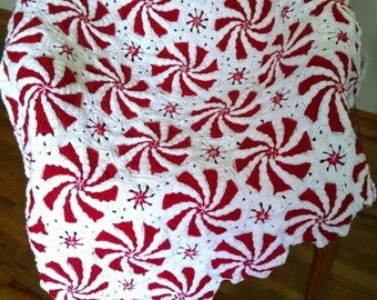 PRE-CHRISTMAS SALE! Customizable Christmas Peppermint blanket, Holiday throw blanket afghan, candy cane, handmade, decoration, crochet