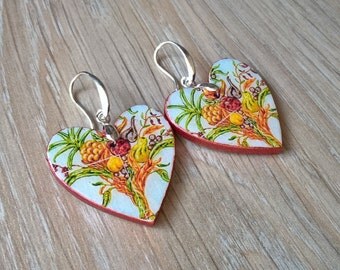 Flower fruit tile earrings, modern tiles replica heart earrings, heart earrings, flower fruit jewelry, contemporaine jewelry, modern tiles