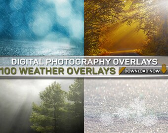 100 WEATHER OVERLAYS : 25 Snow Overlays - 25 Rain Overlays - 25 Fog Overlays - 25 Sun Flare Overlays, Digital Background, Digital Backdrop
