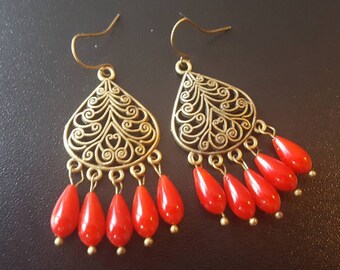 Earrings coral earrings coral bronze vintage boho earrings earring chandelier