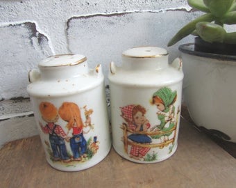 Kitschy Salt and Pepper Gingham Girl and Boy Vintage Cermaic Milk Cans