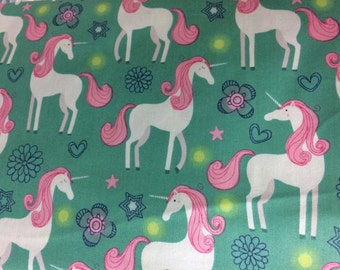 Pink fantasy unicorn fabric, white unicorn, fantasy, whimsical fabric, cotton fabric, fairytale fabric, pink unicorn
