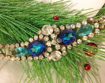 Husar Vintage Rhinestone Bracelet, Christmas Jewelry, Gift for Her, Estate Jewelry, Blue Rhinestone Bracelet