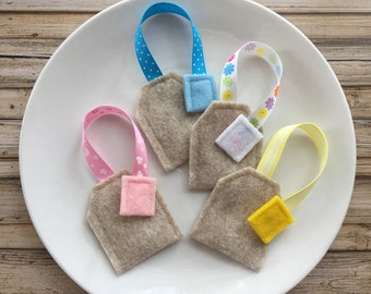 felt tea bags, play tea set, felt tea set, felt food tea bags, pretend play tea, kids birthday gift