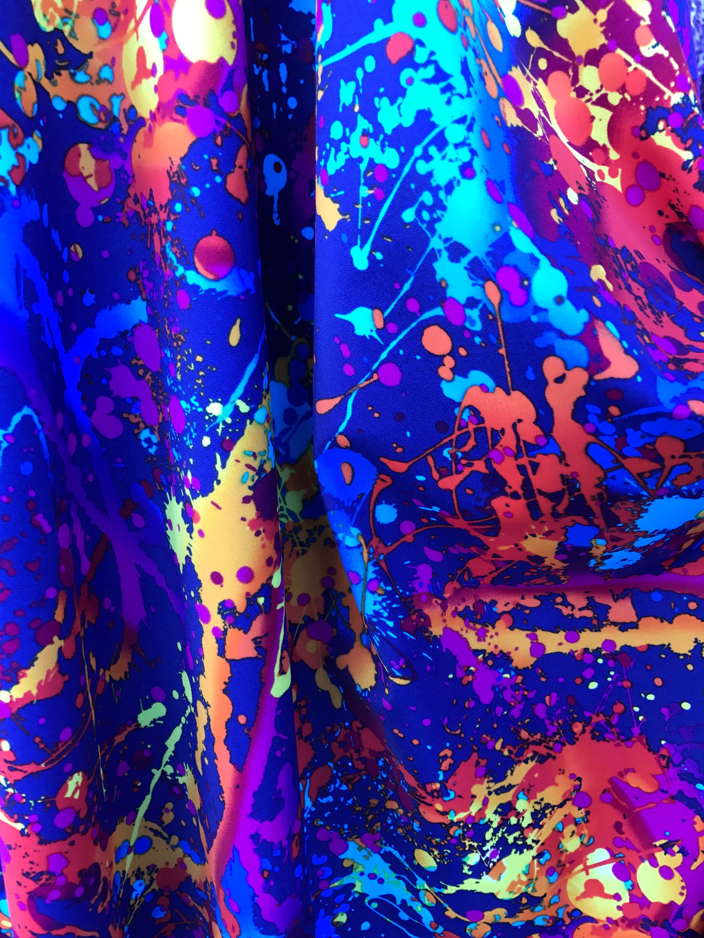 Splatter Paint on Blue Spandex Fabric Four way Strech Fabric by the