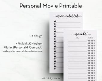 Movie Printable, Personal Planner, Movie Watch list, Personal inserts, Printable Planner, Filofax Personal, kikki k Medium, Movie Tracker