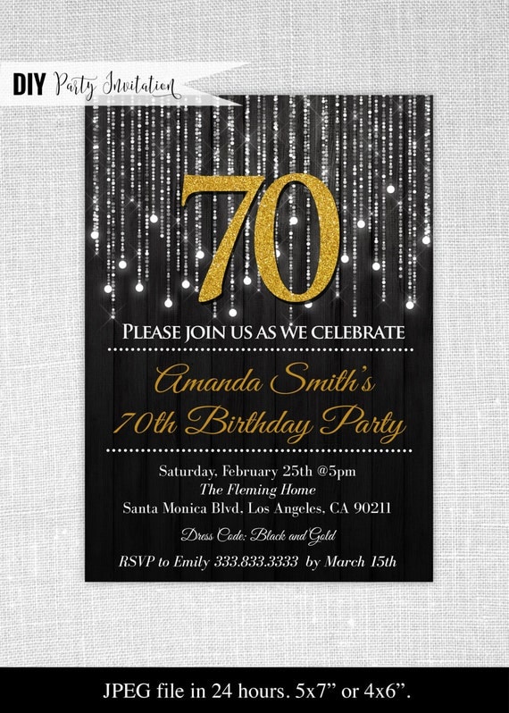 Black and Gold 70th birthday invitations by DIYPartyInvitation