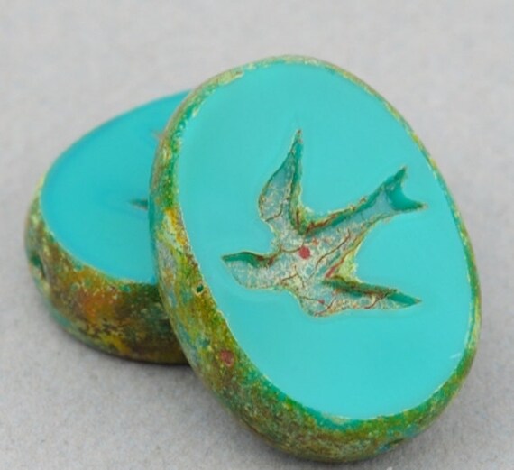 Czech Glass Beads - Bird Beads - Oval Swallow Beads - Turquoise Green Opaque with Picasso - 16x12mm Beads - 5 or 10 beads