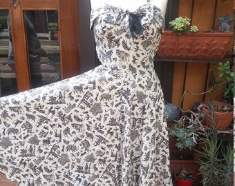 Vintage 1950s Primitive Novelty Print Dress Rare Cotton 1950's Sundress Needs TLC