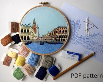 Venice Hand Embroidery pattern PDF. Embroidery Hoop art, Wall Decor, Housewarming Gift. Free Hand embroidery guide!