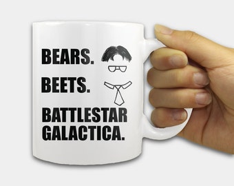 Bears Beets Battlestar Galactica Mug, 11oz white ceramic mug - Dwight Schrute quote, Dwight mug, The Office mug, television show, gift mug