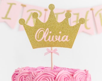 Crown Cake Topper. Custom Name. Princess Theme Birthday Party. Pink and Gold. Baby Girl Birthday Gift. First Birthday. Party Decorations
