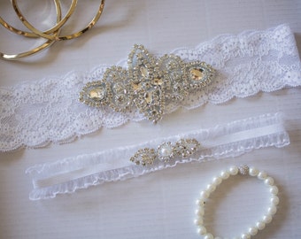 Wedding Garter Set, Stretchy Rhinestone and Lace Wedding Garter Pair, Soft and Delicate Glam, Bridal Garter, Lace Garter and Toss Garter Set