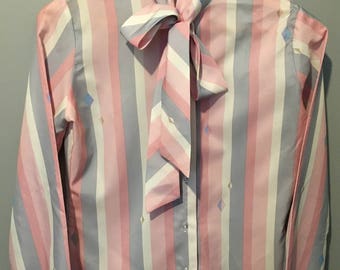 Vintage 1970s Porruzza Pastel Stripes and Diamonds Bow Blouse - Size 7/8