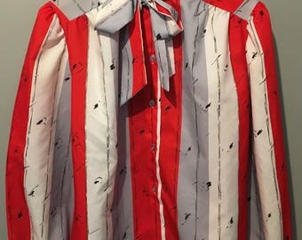 Vintage 1970s Dominique Red Grey and White Bow Blouse - Size Large