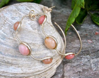 Vintage Chalcedony Sterling Silver Hoop Earrings, Sterling Silver, Pink Chalcedony, Hoop Earrings, Gemstone Jewelry, Gifts for girlfriend