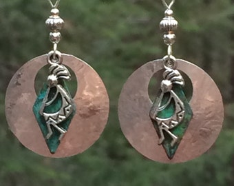 Native American silver earrings, Tribal earrings, southwestern earrings, Hopi earrings, hammered metal, Kokapelli, native American jewelry