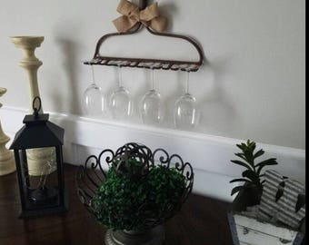 Wine Glass Rack, Wine Glass Holder, Vintage Wine Glass Wall Decor, Rustic Wall Decor, Wine Glass Rake with Burlap Ribbon, Rustic Metal Rake