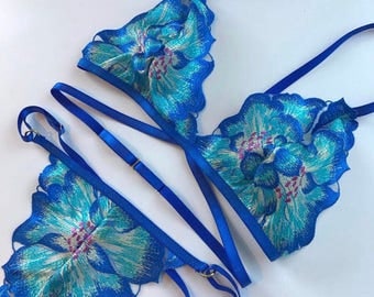 Orla Handmade Blue Bra and Thong Lingerie Set