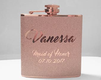 Personalized Glitter Copper Stainless Steel 6 oz Liquor Hip Flask- Gifts for Maid of Honor or Bridesmaids BF-F1029