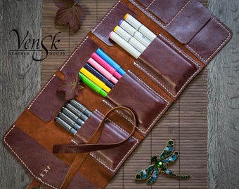 Leather Pencil Case Handmade . Colored Pencil Holder. Pen Case. Pencil Pouch. Pencil Roll. Tool Bag. Artist Gift, Gifts For Artists. Big.