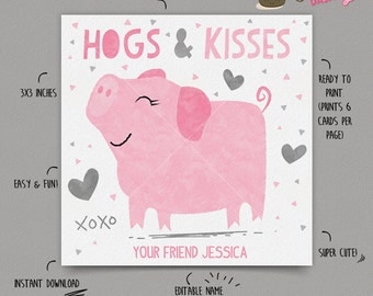 INSTANT DOWNLOAD - EDITABLE Valentine's day Card Hogs and Kisses kids Valentines Day card pig Valentine's classroom Card