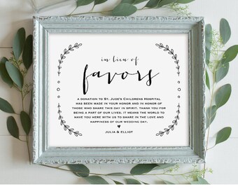 In Lieu of Favors Sign, Printable Wedding Sign, Wedding Donation Sign Template, Rustic Vintage Laurels, Instant Download, PDF 8x10 #VW06
