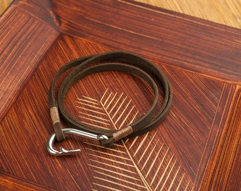 Leather bracelet men leather bracelet mens bracelet brown bracelet wrap bracelet hook bracelet long bracelet nautical bracelet sea bracelet