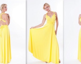 Yellow Infinity Dress - floor length long straps in pastel yellow color wrap dress
