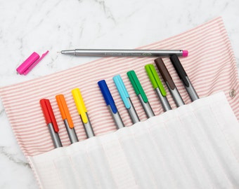 Pink and White Striped Pen Roll - pencil roll - roll up pencil case - pencilcase - makeup brush roll - paint brush roll - school supplies