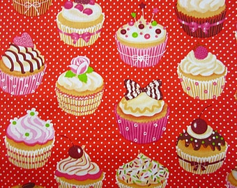 Cotton fabric red with CupCake