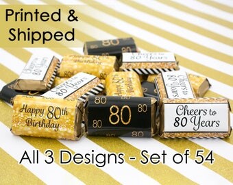 80th Birthday Party Decorations - Gold & Black - Stickers for Hershey's Miniature Bars (Set of 54)