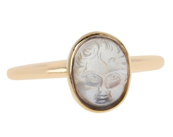 Carved Moonstone Baby Face Ring | Antique Child Face Ring Gold | Edwardian Blue Moonstone Ring || 17708