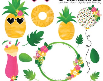 Party Like a Pineapple Digital Clipart - Personal & Commercial Use - Summer Luau Clipart, Tutti Fruit Graphics, Floral Aloha Images