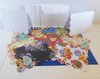 DIY Paper Die Cut Greeting Card Kits Set of 10 scallop edge base cards and 10 asst scallop edge floral Paper Create your own Greeting Cards