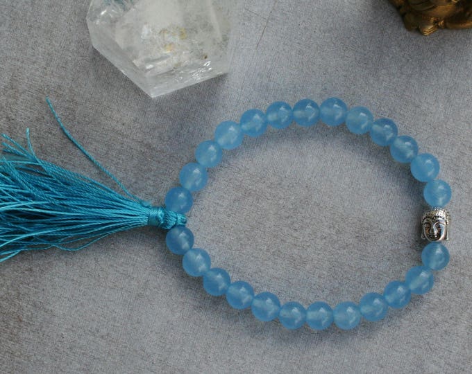 Tasseled Blue Turmalin Buddha Head Bracelet, Blue Tourmaline, Blue Bracelets, Buddha Jewelry, Buddha Jewelry, Semi Precious Stone, Tassle