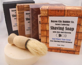 Cool Water Type Luxury Shaving Soap with Glycerin, Shea Butter & Aloe. Includes Free Shaving Brush!