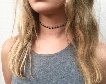 Black Bead & Chain Choker- Black Rosary Choker, Black Beaded Choker, Thin Chain Choker, Black Bead Rosary Chain Choker, Black Rosary (A23)